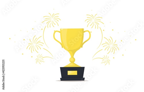 Winners cup with fireworks. Golden bowl victory prize vecor illustration. Winner first prize trophy. Success award concept. Celebration champion ceremony symbol.