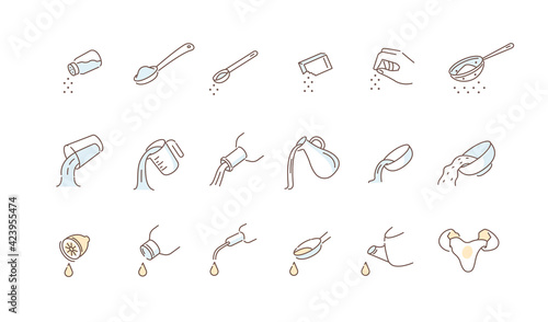 Instructions how to Add Salt, Eggs, Milk and other Cooking Ingredients. Kitchen Measurement for Liquids and Dry Ingredients. Various Dishes Directions. Flat Line Vector Illustration and Icons set.