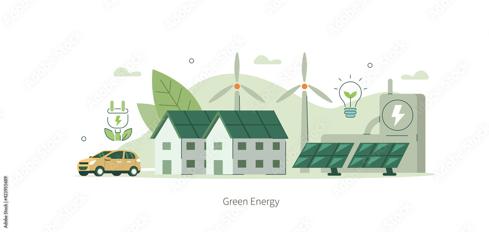 Modern Eco Private Houses with Windmills and Solar Energy Panels and Electric Car near Charging Station. Eco Home Powered by Green Renewable and Solar Energy. Flat Cartoon Vector Illustration.