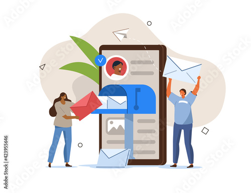 People Characters Using Online Postbox and Sending Advertising Mails. Woman and Man Holding Envelopes and Reading Letters. E-mail Marketing Concept. Flat Cartoon Vector Illustration.
