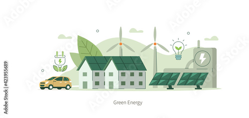 Modern Eco Private Houses with Windmills and Solar Energy Panels and Electric Car near Charging Station. Eco Home Powered by Green Renewable and Solar Energy. Flat Cartoon Vector Illustration.