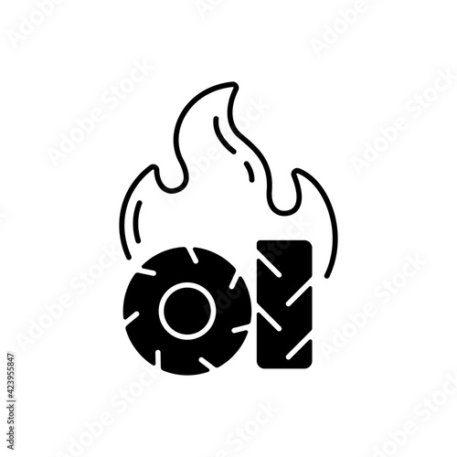 Burning tires black linear icon. Tire fire emissions include dangerous pollutants such as carbon monoxide and oxides of nitrogen. Outline symbol on white space. Vector isolated illustration