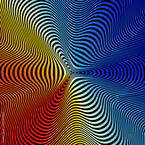 Abstract hypnotic pattern with multi-colored striped lines. Psychedelic background. Op art, optical illusion. Modern design, graphic texture.