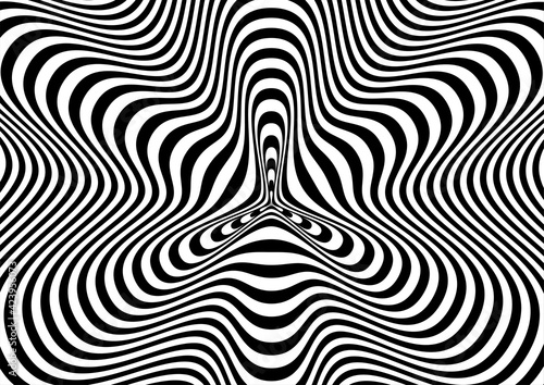Abstract hypnotic pattern with black-white striped lines. Psychedelic background. Op art, optical illusion. Modern design, graphic texture.