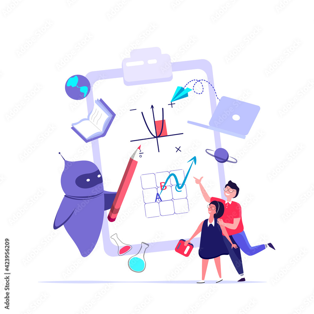 Smart Cyber Chat bot Help Children Teaching them. School Homework Knowledge in Internet. Science Maths Online Education Learning. Students, Pupils Learn and Study with Robot. Flat vector illustration