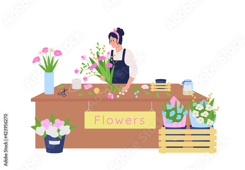 Female caucasian florist making floral arrangement flat color vector detailed character. Work on bouquets. Flower shop isolated cartoon illustration for web graphic design and animation