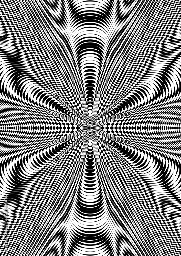 Moire effect, hypnotic pattern, psychedelic background. Op art, optical illusion. Modern design, graphic texture.