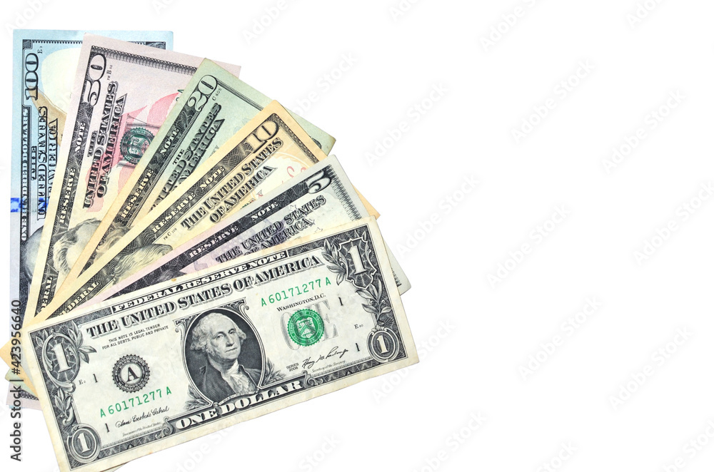 American money fanned out. 100, 50, 20, 10, 5 and 1 dollar banknotes isolated on white. Finance and business concept. free space for text American money fanned out. 100, 50, 20, 10, 5 and 1 dollar banknotes isolated on white. Finance and business concept. free space for text
