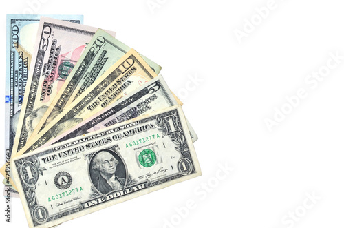 American money fanned out. 100, 50, 20, 10, 5 and 1 dollar banknotes isolated on white. Finance and business concept. free space for text