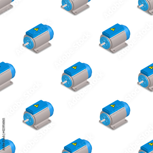 Seamless pattern. Symmetrically staggered blue-gray 3D electric motors with shadow on a white background