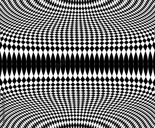 Moire effect, black-white geometric pattern, psychedelic wave. Op art, optical illusion. Modern design, graphic texture.