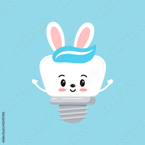 Easter tooth dental implant icon isolated. Orthodontist dentistry tooth character with easter bunny ears. Flat design cartoon vector clip art dental kid illustration.
