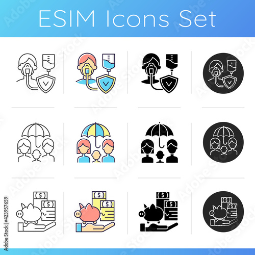 Insurance and protection icons set. Life policy. Critical illness expenses. Financially family protection. Covering debt repayments. Linear, black and RGB color styles. Isolated vector illustrations