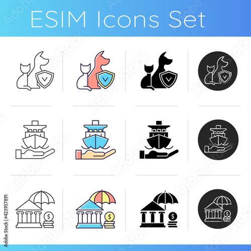 Insurance and protection icons set. Pet-care policy. Payment for pensioners and low-income. Protection from marine navigation risks. Linear, black and RGB color styles. Isolated vector illustrations