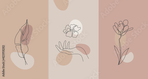 Vector minimalist style plants, hand. Line flower, nude colors. Hand drawn abstract print. Use for social media stories wallpapers, beauty logos, poster illustration, card