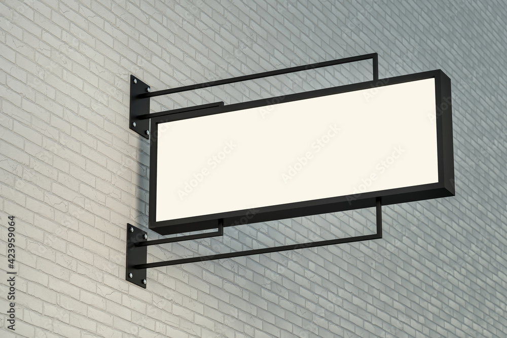Obraz premium Blank light box signage mockup on brick wall background, 3d render