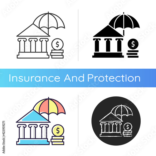 Social insurance icon. Public insurance program. Protection against economic risks. Payment for pensioners and low-income. Linear black and RGB color styles. Isolated vector illustrations