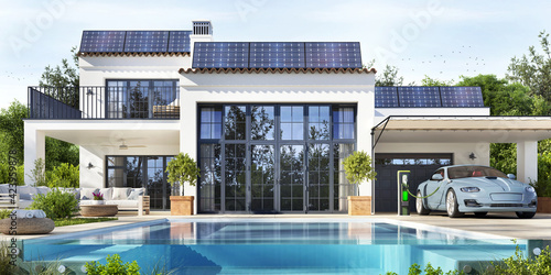 Luxury house with a beautiful pool. Solar panels on the roof and electric vehicle photo