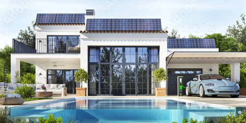 Luxury house with a beautiful pool. Solar panels on the roof and electric vehicle