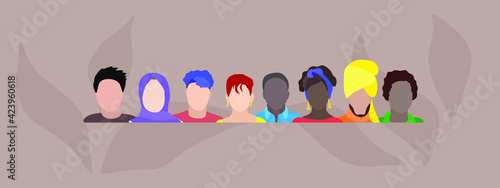 Set of multiethnic and multiracial faces. American, Muslim, Asian, European, African people. Vector flat illustration