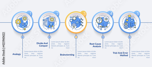 Problem solving strategies vector infographic template. Creative thinking presentation design elements. Data visualization with 5 steps. Process timeline chart. Workflow layout with linear icons