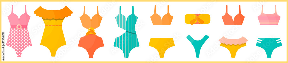 Summer bright swimsuits with different design. Set of hand-drawn beachwear with lights and shadows.