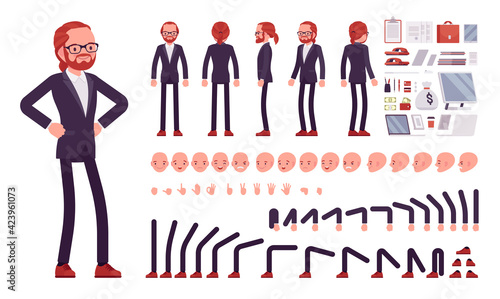 Businessman, red haired office worker construction set. Manager, administrative person, corporate employee dress code and objects. Cartoon flat style infographic illustration, different emotions