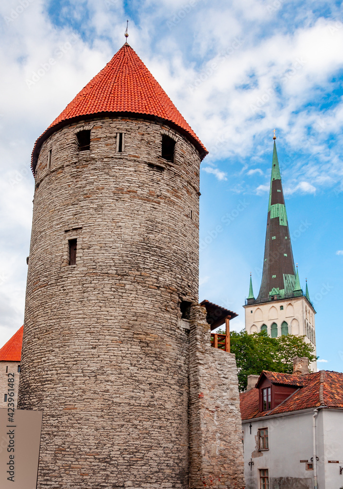 St. Olaf's Church tower and Walls of Tallinn, Estonia