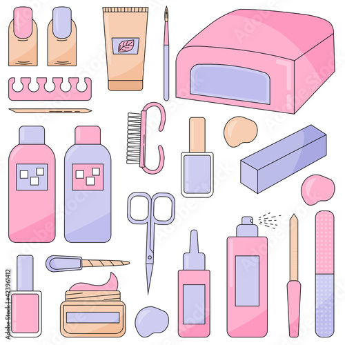 Various manicure accessories, equipment, tools. Nail file, nail scissors, tweezers, nail polish, hand cream, polish remover, brush, UV-lamp for nails Shellac accessories.