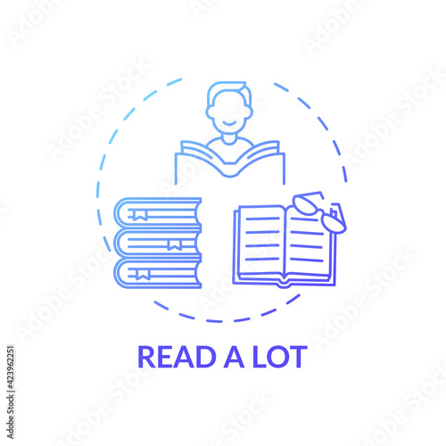 Read a lot blue gradient concept icon. Learning new knowledge. Studying with books. Self development and personal improvement idea thin line illustration. Vector isolated outline RGB color drawing