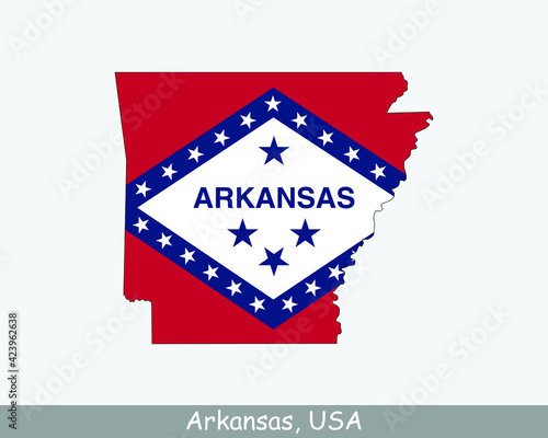 Arkansas Map Flag. Map of Arkansas, USA with the state flag of Arkansas isolated on white background. United States, America, American, United States of America, US, AR State. Vector illustration.