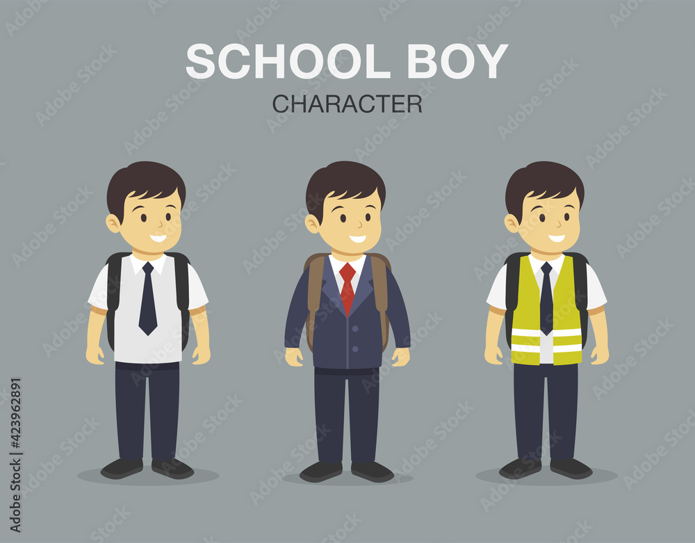 School boy character set. Back to school. Happy male student wearing suit, safety jacket and shirt. Flat vector illustration template. School boy character set. Back to school. Happy male student wearing suit, safety jacket and shirt. Flat vector illustration template.