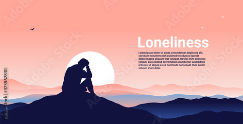 Loneliness - Person sitting alone on hill looking at the horizon feeling sad, resting head in hand. Vector illustration.
