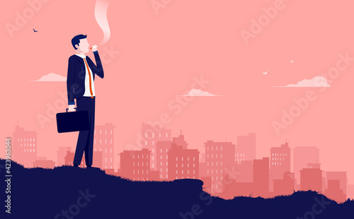 Smoking businessman - Man taking a cigarette break outdoors with city skyline in background. Vector illustration.