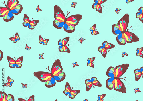 Multicolored butterflies on a blue background. Trendy illustrated vector drawing for corporate identity, stationery, packaging and wallpaper. Minimalistic butterfly background. Butterfly forms.