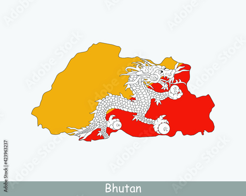 Bhutan Map Flag. Map of Bhutan with the Bhutanese national flag isolated on white background. Vector illustration.