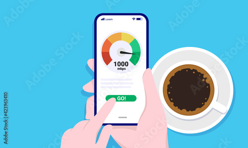Internet speed test on smartphone - Hand holding phone testing the speed of network. Vector illustration.