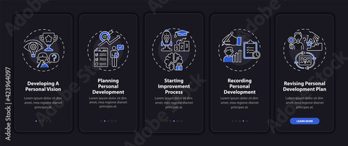 Personal development steps onboarding mobile app page screen with concepts. Self-improvement walkthrough 5 steps graphic instructions. UI, UX, GUI vector template with linear night mode illustrations