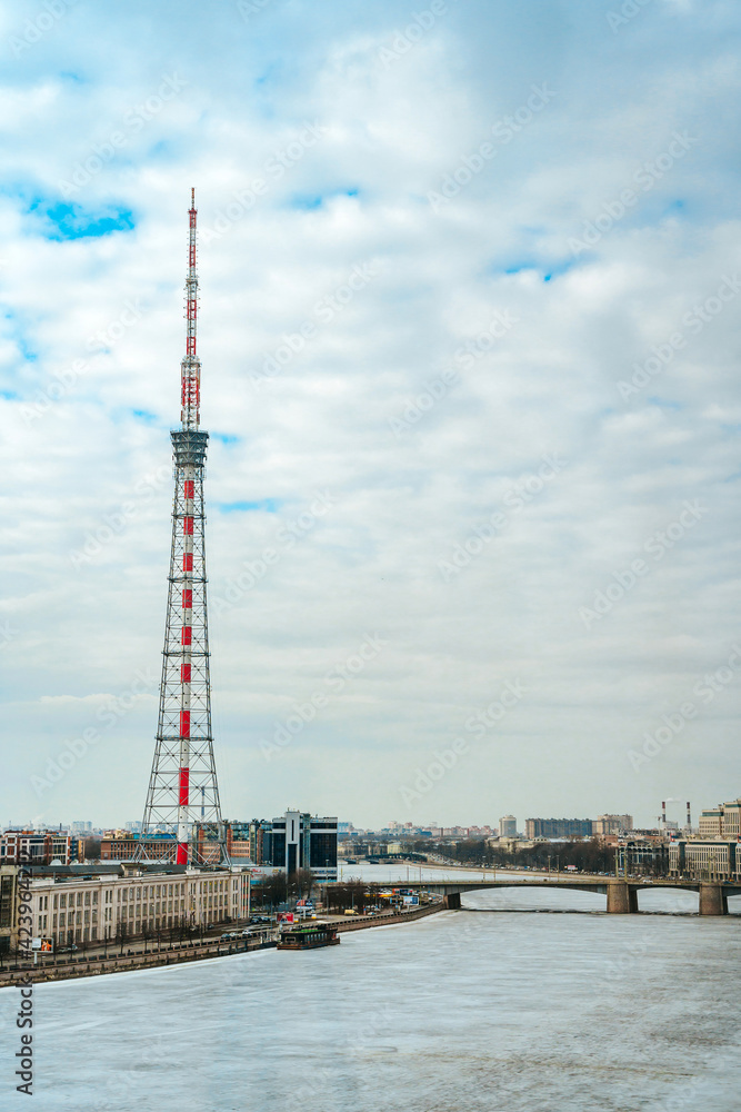 TV tower on the river embankment, photo from above. St Petersburg, Russia - 28 Mar 2021