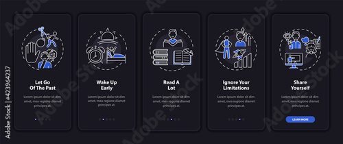 Self-development tips onboarding mobile app page screen with concepts. Improving yourself walkthrough 5 steps graphic instructions. UI, UX, GUI vector template with linear night mode illustrations