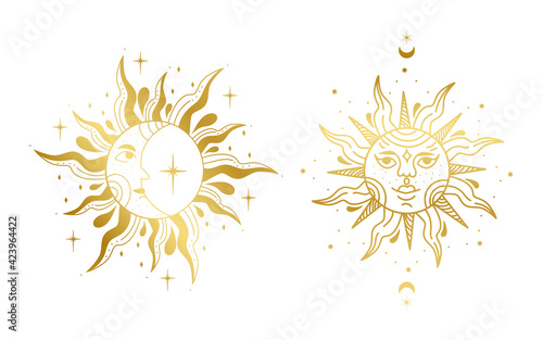 Vector illustration of sun and moon. Graphic design. Golden gradient.
