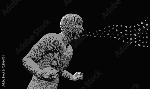 Side profile angry man shouting with alphabet letters flying out of wide open mouth. Emotional overwhelmed guy yelling. Voxel art. 3D vector illustration.