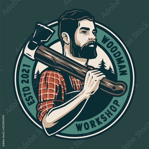 Silhouette of carpenter or axeman. Woodworker and logger with axe in his hands. Logo of beardeded lumberjack