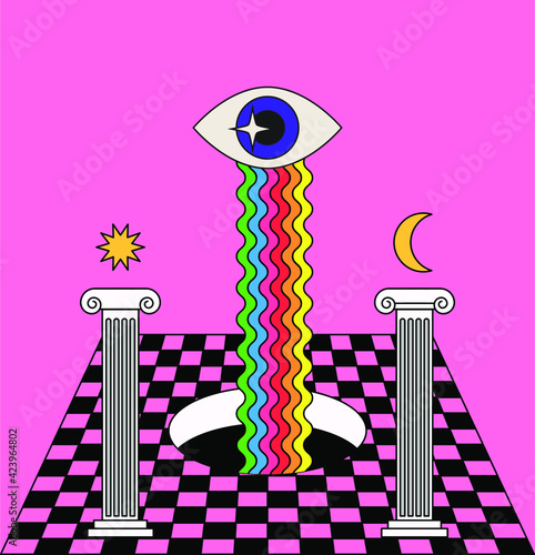 Surrealistic landscape with Roman columns and checkered floor