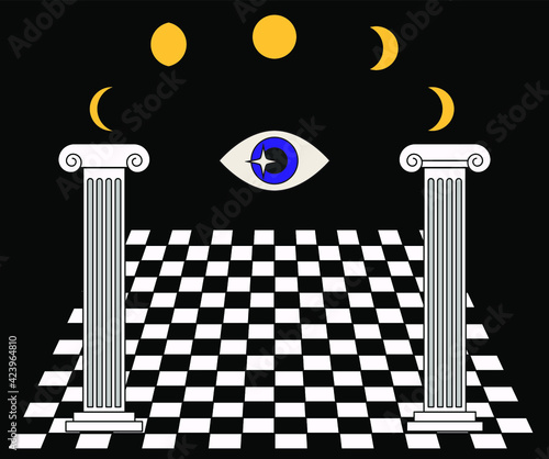 Surrealistic landscape with Roman columns and checkered floor
