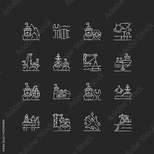 Marine industry chalk white icons set on black background. Arctic exploration. Underwater pipeline repair. Maritime security. Maintenance. Naval fleet. Isolated vector chalkboard illustrations