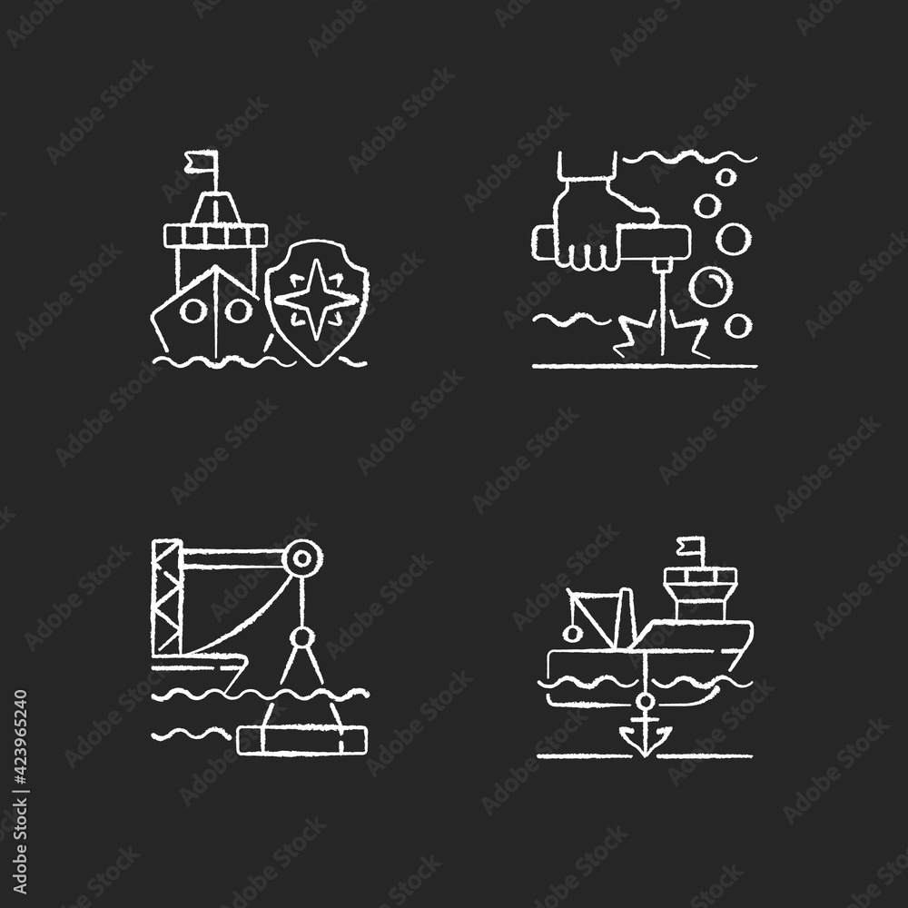 Maritime industry chalk white icons set on black background. Search and rescue provision. Underwater welding. Marine construction industry. Anchored ship. Isolated vector chalkboard illustrations