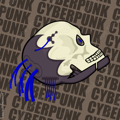 Image of the skull in the style of cyberpunk with metal inserts and wires. Images for various purposes, games, websites, and more.