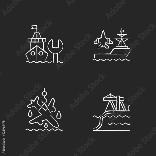 Maritime sector chalk white icons set on black background. Repairing floating vessels. Aircraft carrier. Plane salvage. Underwater pipeline installation. Isolated vector chalkboard illustrations