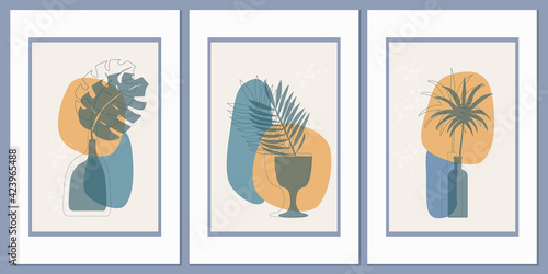 Templates with abstract composition of simple shapes. tropical palm leaves in a vase. Collage style, minimalism. Pastel earthy colors. Vector banners for postcards and covers for social networks © Ольга Дубровина